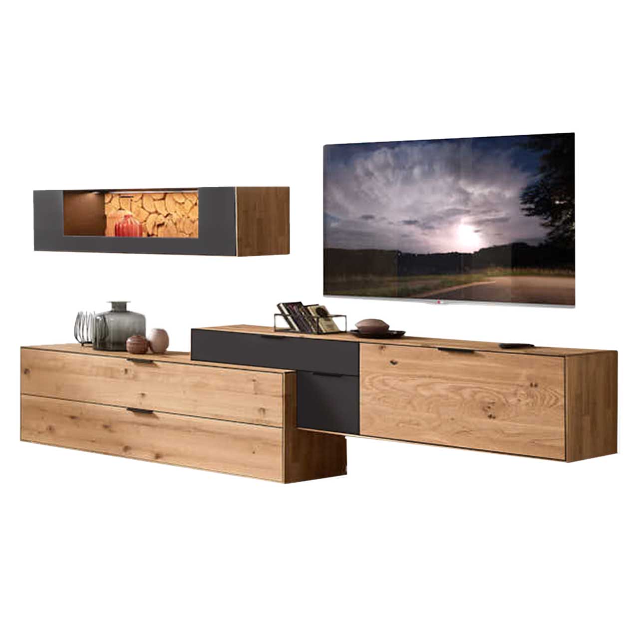 WM-2140-Kombi-0001-freisteller WM 2140 - 3-teilige Wohnwand Type 0001 Wildeiche und Kaminholz Akzent, bestehend aus einem Lowboard, ein Aufsatzlowboard und eine Horizontale Hängevitrine.
