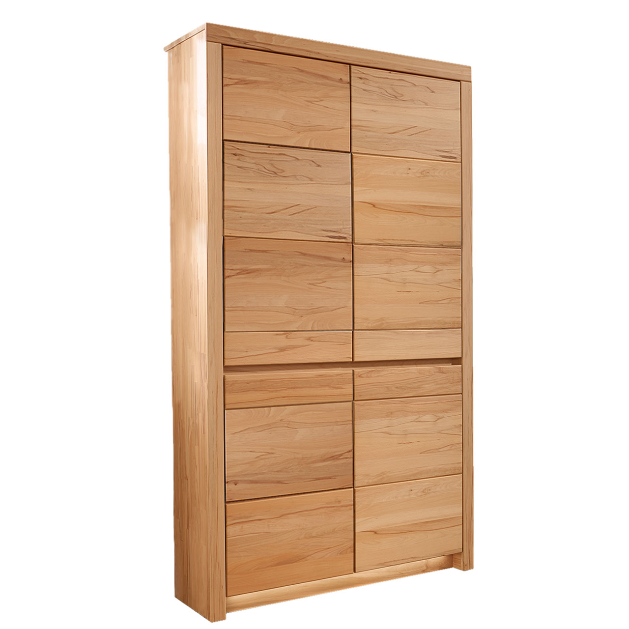 Soleo-3000-Zeilenschrank-5950-freisteller-Kerneiche SOLEO 3000 Zeilenschrank Type 5950 in massiver Kernbuche, mit zwei Holztüren untereinander angelegt, es sind 8 Einlegeböden inklusive, als Ambiente Bild.