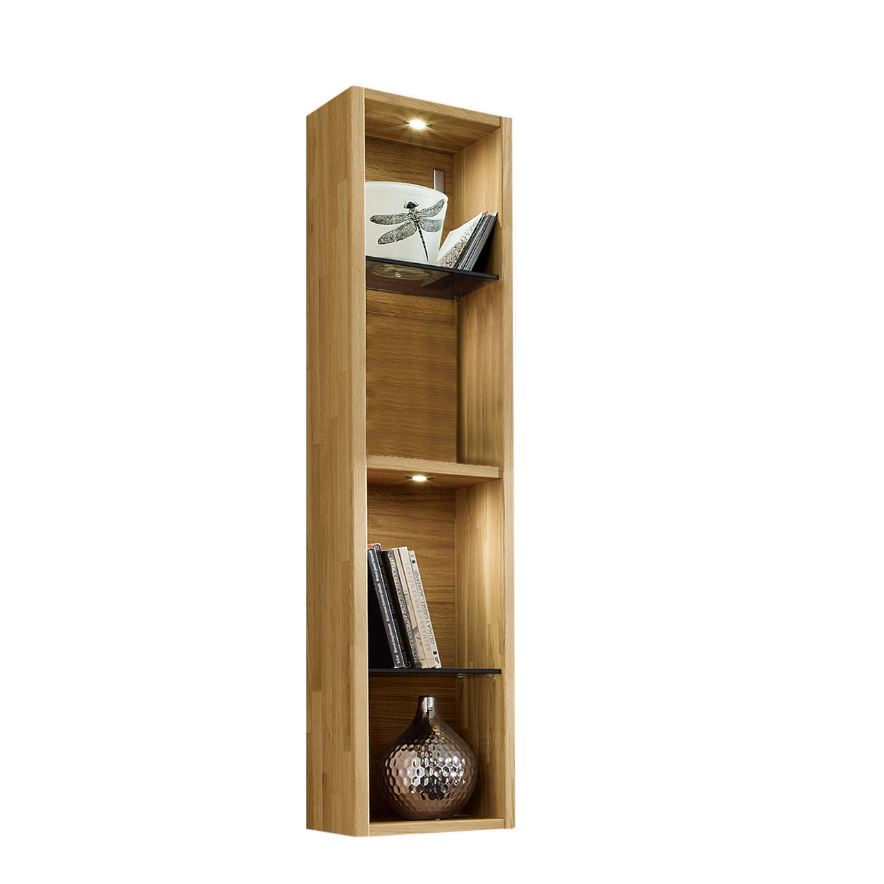 Soleo 3000 HÄNGEREGAL Type 3332 WILDEICHE SOLEO 3000 schmales Hängeregal Type 3332 mit vier Ablagen in Wildeiche, optional mit kleinen Holzschubkästen und eine LED Ambiente Beleuchtung.