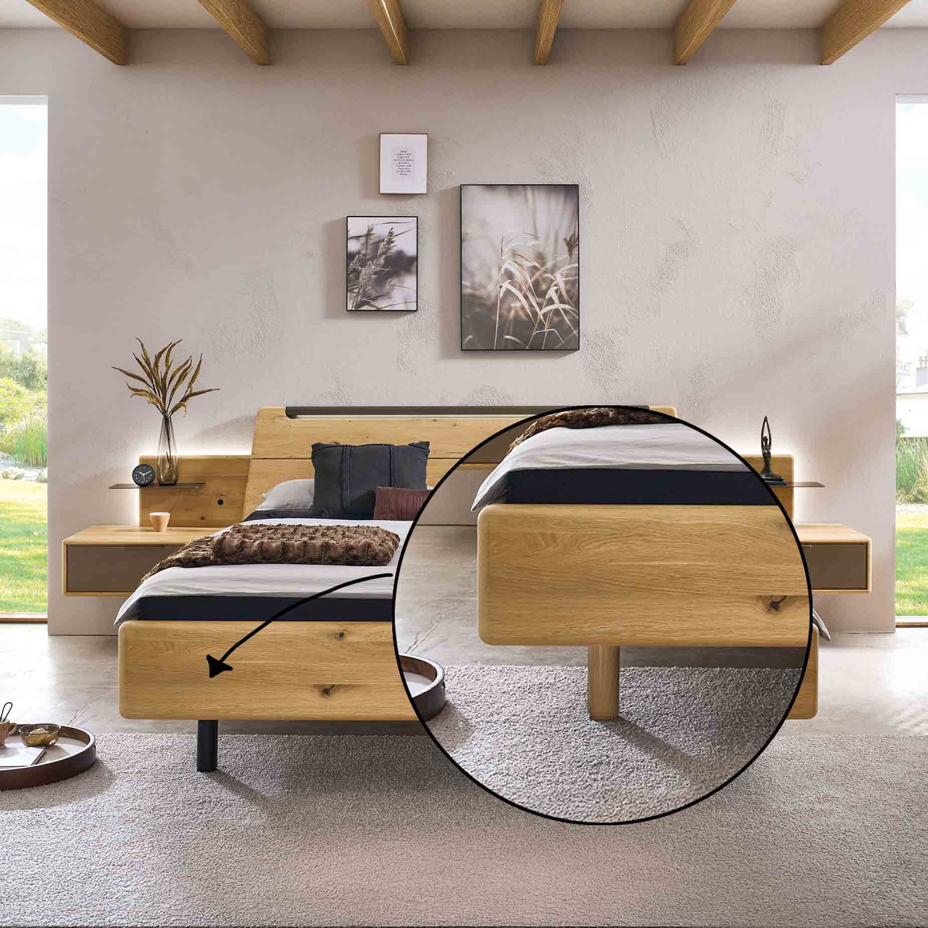 WSM 7100 Wildeiche Massivholz Bett optional mit einem  Wildeiche 2-er Fuß Set