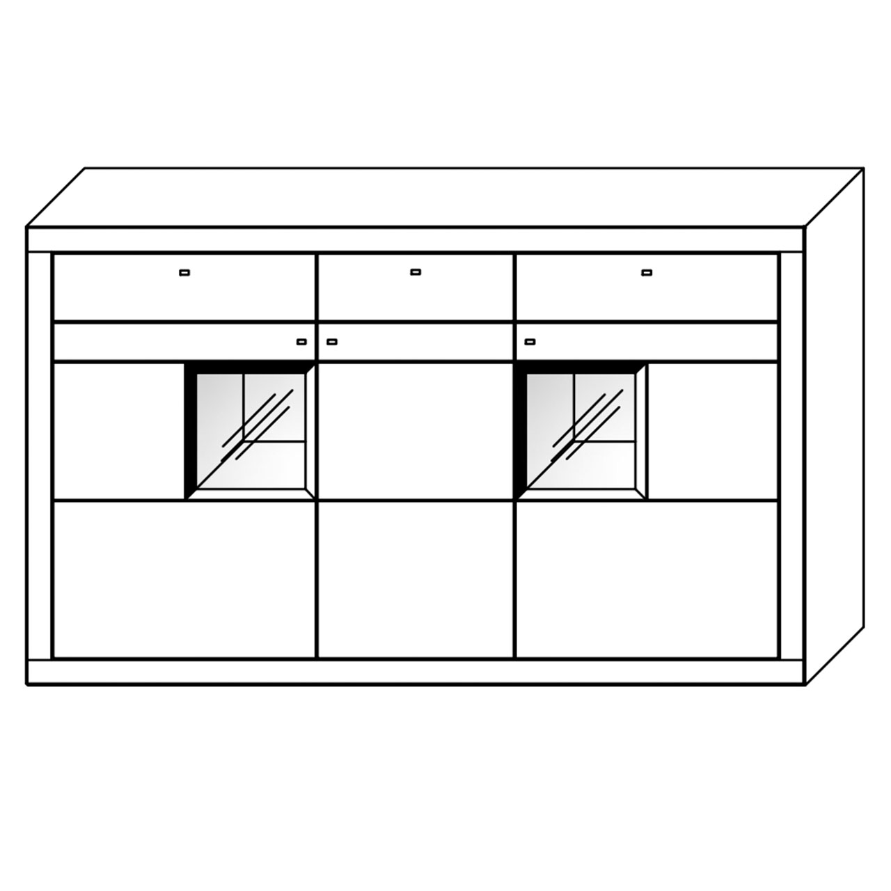 WM-aurum-highboard-2841-mass WM Aurum Higboard Type 2841 in Wildeiche und zwei kleinen Vitrinen rechts und links, Technische Zeichnung.