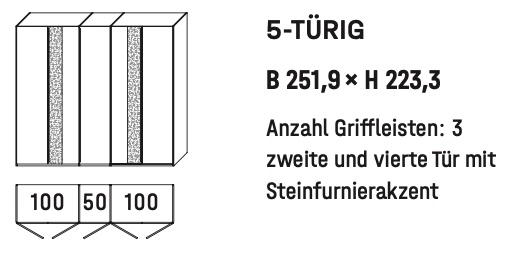 WSM 5100 5-türiger Kleiderschrank Type 6205 WSM 5100 5-türiger Kleiderschrank Zeichnung B 251,9 cm x H 223,3 cm mit Steinfurnier Akzent