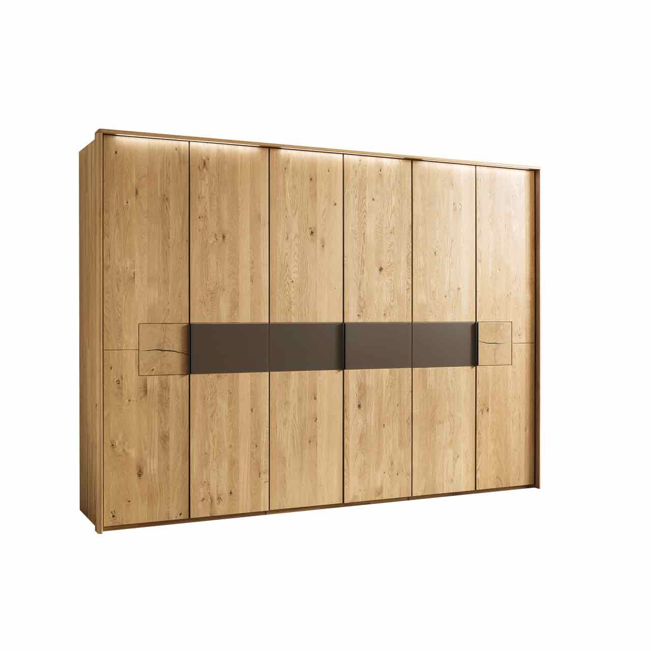 WSM1600_Schrank_VZ_6_tuerig_frei 6-türiger Kleiderschrank, gezeigt mit Hirnholz und Lack Mocca Akzent.