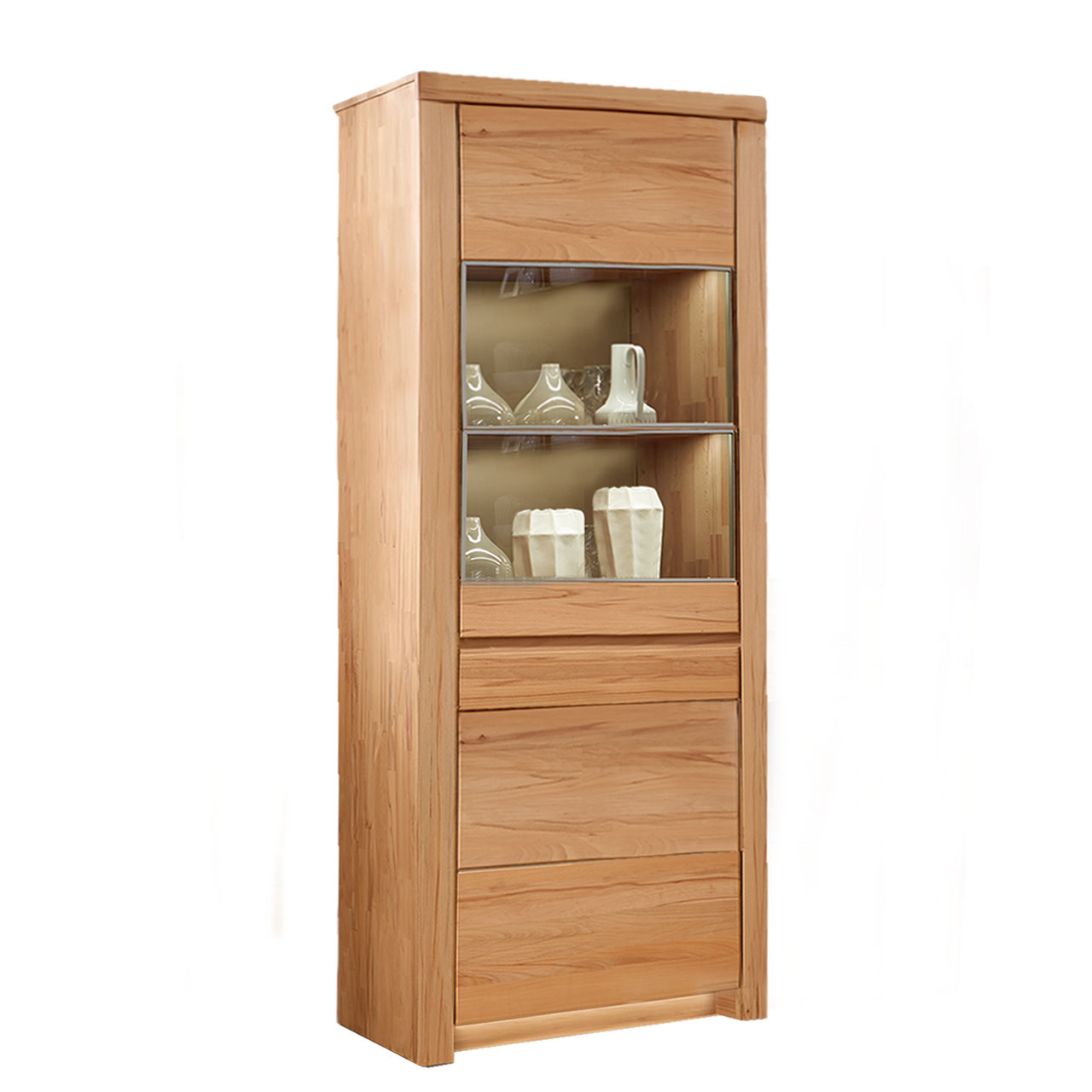 Soleo-3000-Zeilenschrank-57134-freigestellt-Kernbuche SOLEO 3000 Zeilenschrank Type 5713 in massiver Kernbuche, mit einer oberen Holztür mit zwei Vitrienenfächer und einer Holztür im unteren Bereich, untereinander angeordnet.