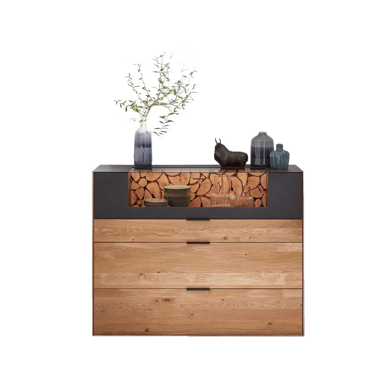 WM-2140-Highboard-3140-FREISTELLER WM 2140 - Highboard-3140 mit eindrucksvollen Vitrinen Ausschnitt, mittig im oberen Bereich nach oben zu öffnen,Rückwand in Spaltholz Akzent und LED Beleuchtung.