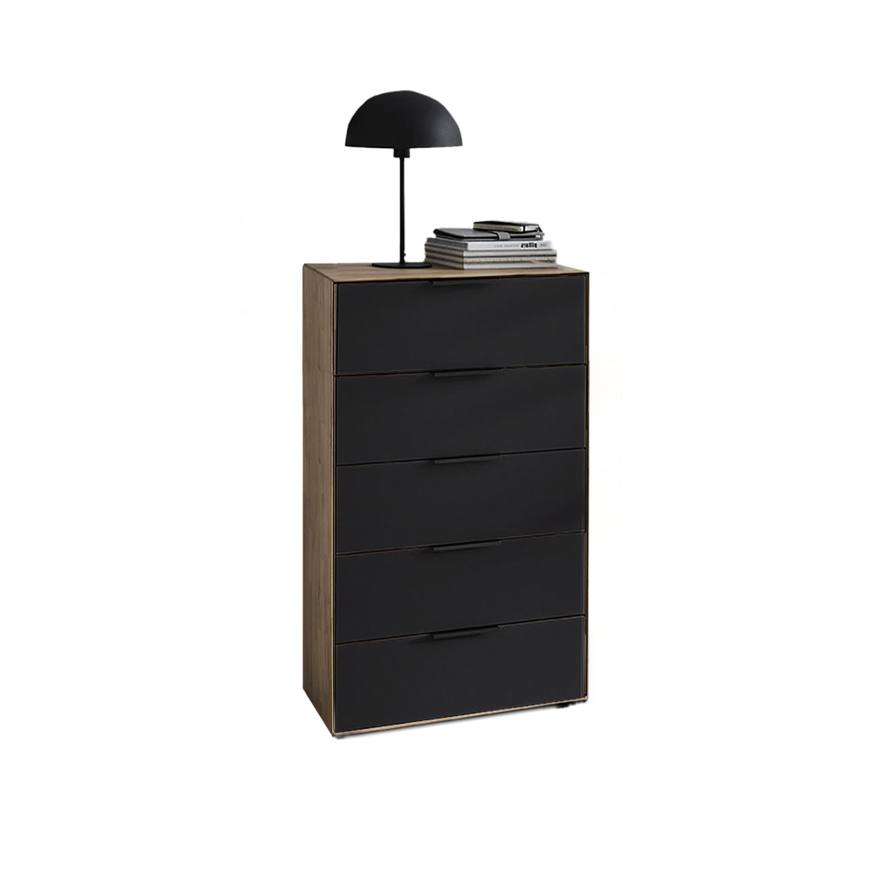 WSM 4400 Kommode mit fünf Schubkästen in Wildeiche und Glas Akzent an allen Schublade Type 3652MG1