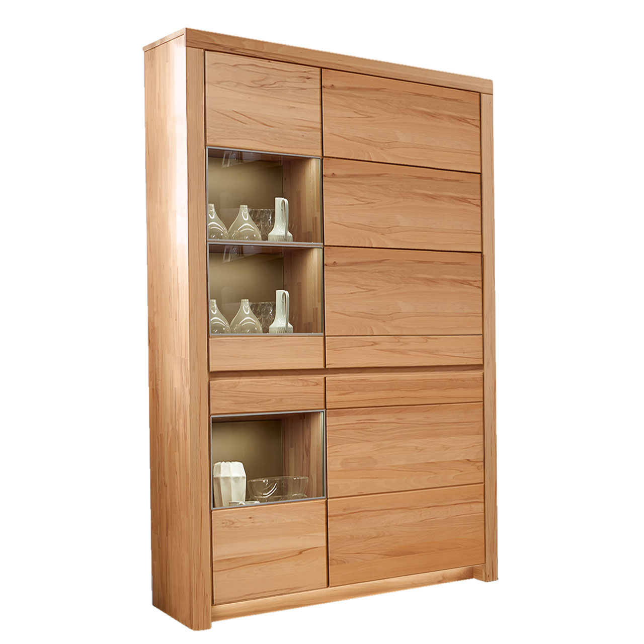 Soleo-3000-Zeilenschrank-5123-freisteller-Kernbuche SOLEO 3000 Zeilenschrank Type 5123 in massiver Kernbuche, mit zwei Holztüren und zwei Türen mit drei Vitrinenfächer untereinander angeordnet.