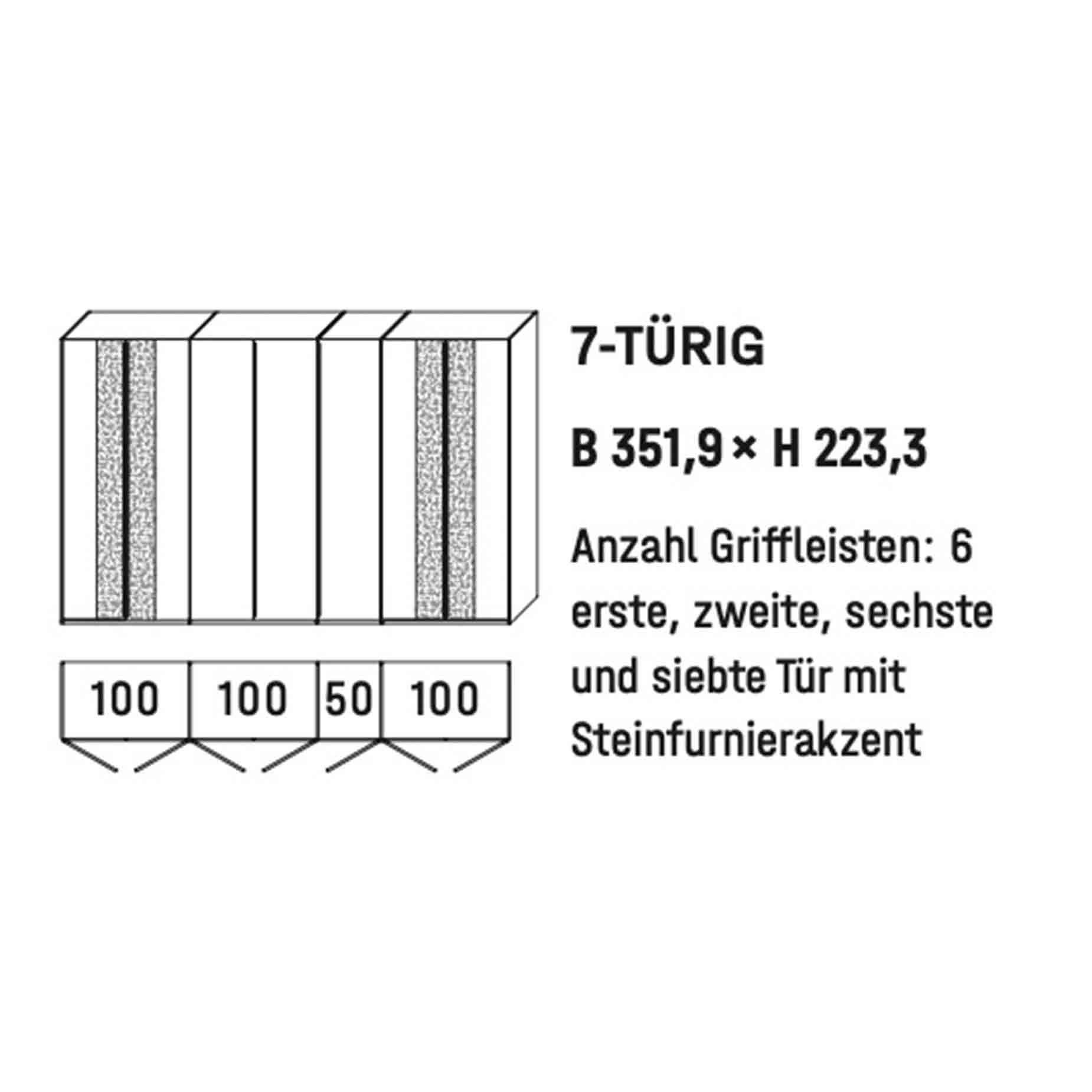 WSM 5100 7-türiger Kleiderschrank Type 6307 WSM 5100 7-türiger Kleiderschrank Zeichnung B 351,9 cm x H 223,3 cm mit doppelten Steinfurnier Akzent