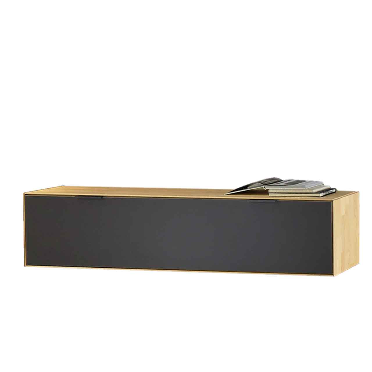 WM2320-Lowboard-11835-Wildeiche-Mattglas WM 2320 - Hängelowboard 11835 in Erle Korpus und schwarzer Mattglas Akzent-Front.