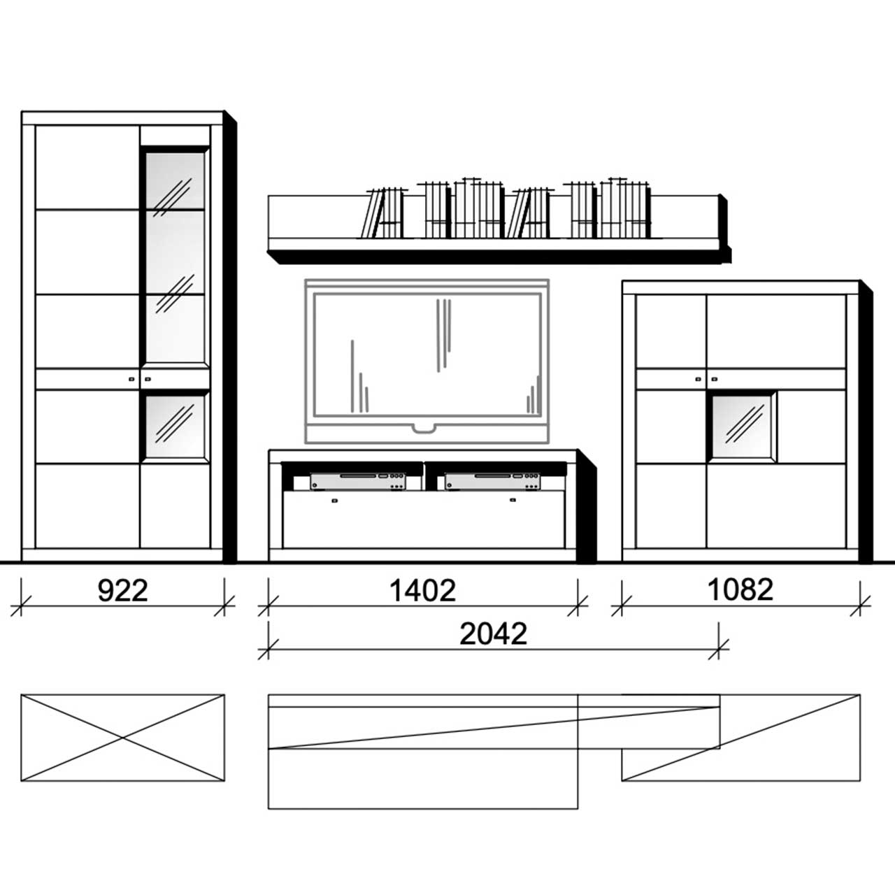 WM-aurum-kombi-0005-mass WM Aurum Wohnwand Type 0005 in Wildeiche, bestehend aus eine Zeilenschrank, Lowboard und Highboard, Technische Zeichnung.