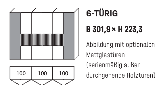 WSM 4400 6-türig Kleiderschrank mit Glas und Lamellen Akzent B 301,9 x H 223,3 cm