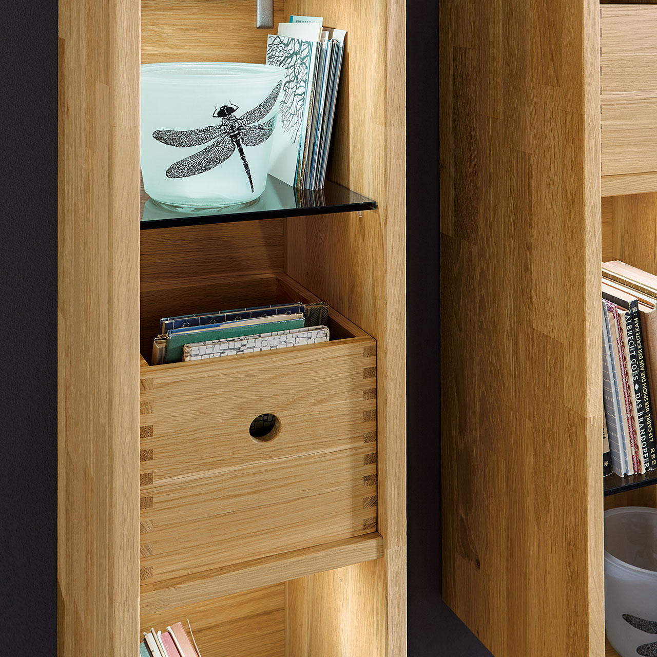 Soleo3000-HA-NGEREGAL-Type-3332-DETAIL-WILDEICHE SOLEO 3000 schmales Hängeregal Type 3332 mit vier Ablagen in Wildeiche, optional mit kleinen Holzschubkästen und eine LED Ambiente Beleuchtung. In einer Detailaufnahme.