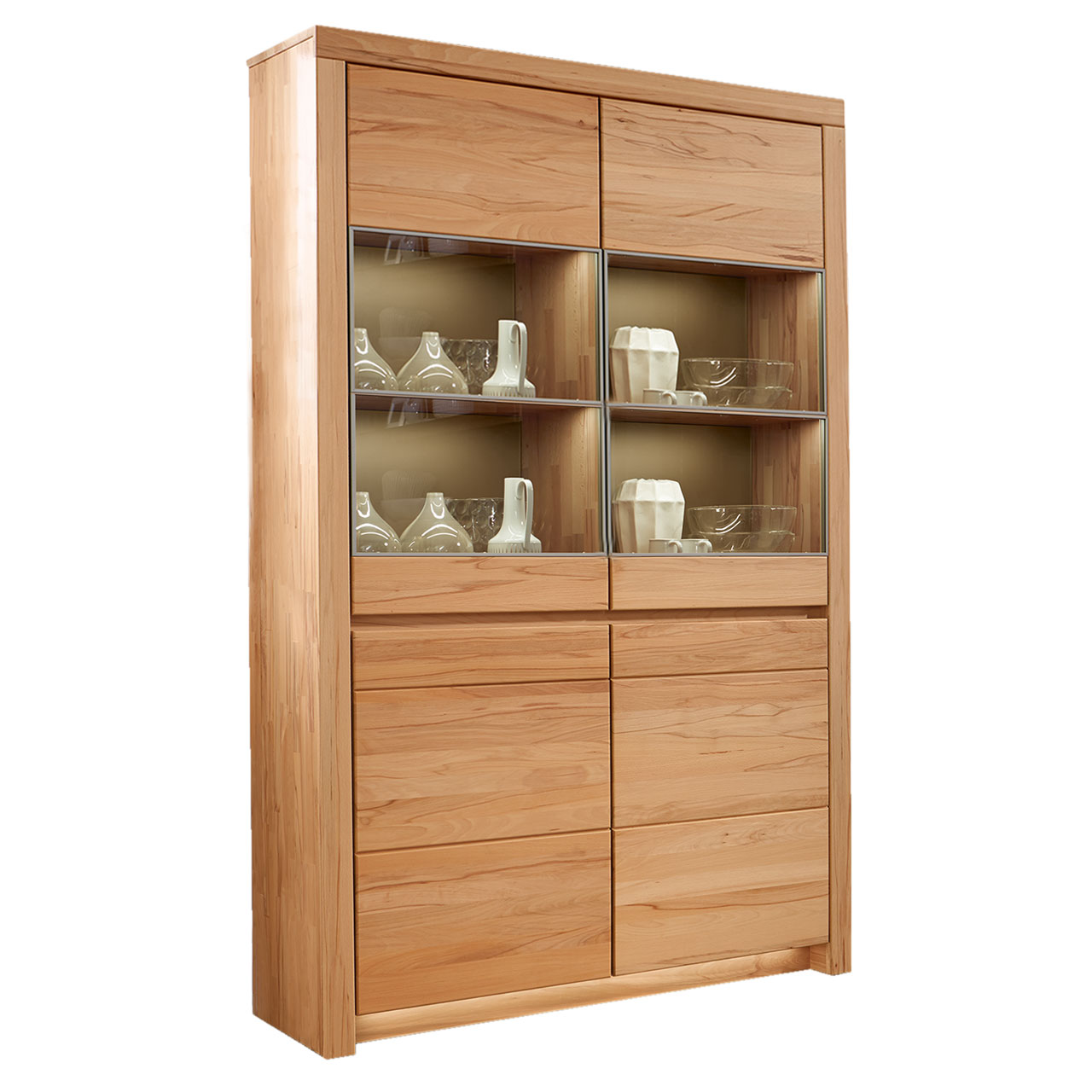 Soleo-3000-Zeilenschrank-5340-freigestellt-Kerneiche SOLEO 3000 Zeilenschrank Type 5340 in massiver Kernbuche, mit zwei unteren Holztüren und zwei oberen Türen mit 4 Vitrinenfächer nebeneinander angeordnet.