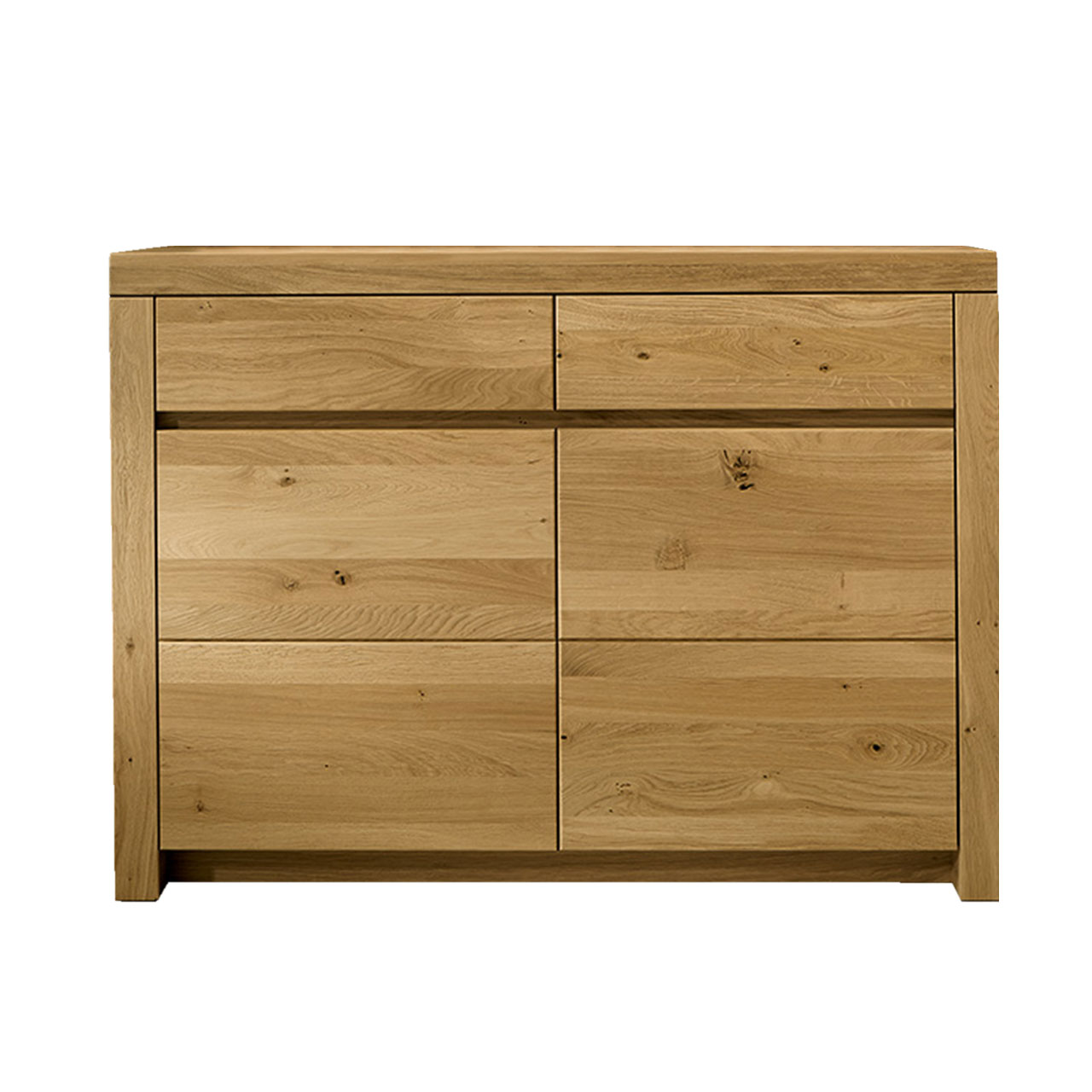 Soleo-3000-Sideboard-2350-freisteller-Wildeiche Sideboard in massiver Wildeiche Type 2350 mit zwei Schubkästen und zwei Türen, hinter Tür sind 2 Holzböden inklusive.