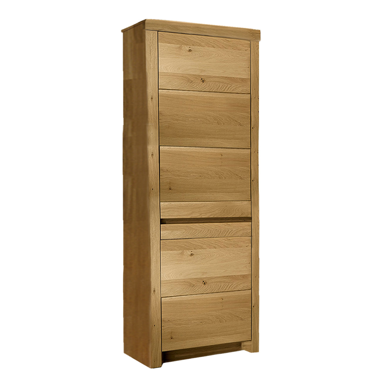 Soleo-3000-Zeilenschrank-57534-freigestellt-Wildeiche SOLEO 3000 schmaler Zeilenschrank Type 5753 in massiver Wildeiche, mit zwei Holztüren untereinander angeordnet.