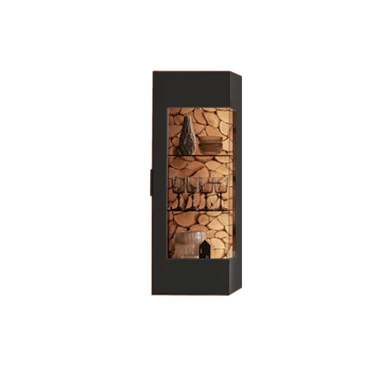 WM-2140-HA-NGEELELEMENT-14443 Wöstmann WM 2140 - Hängeelement 14443, als Vitrine in schwarz lackiert, Vitrinen Ausschnitt mit Spaltholz Akzent in der Rückwand.