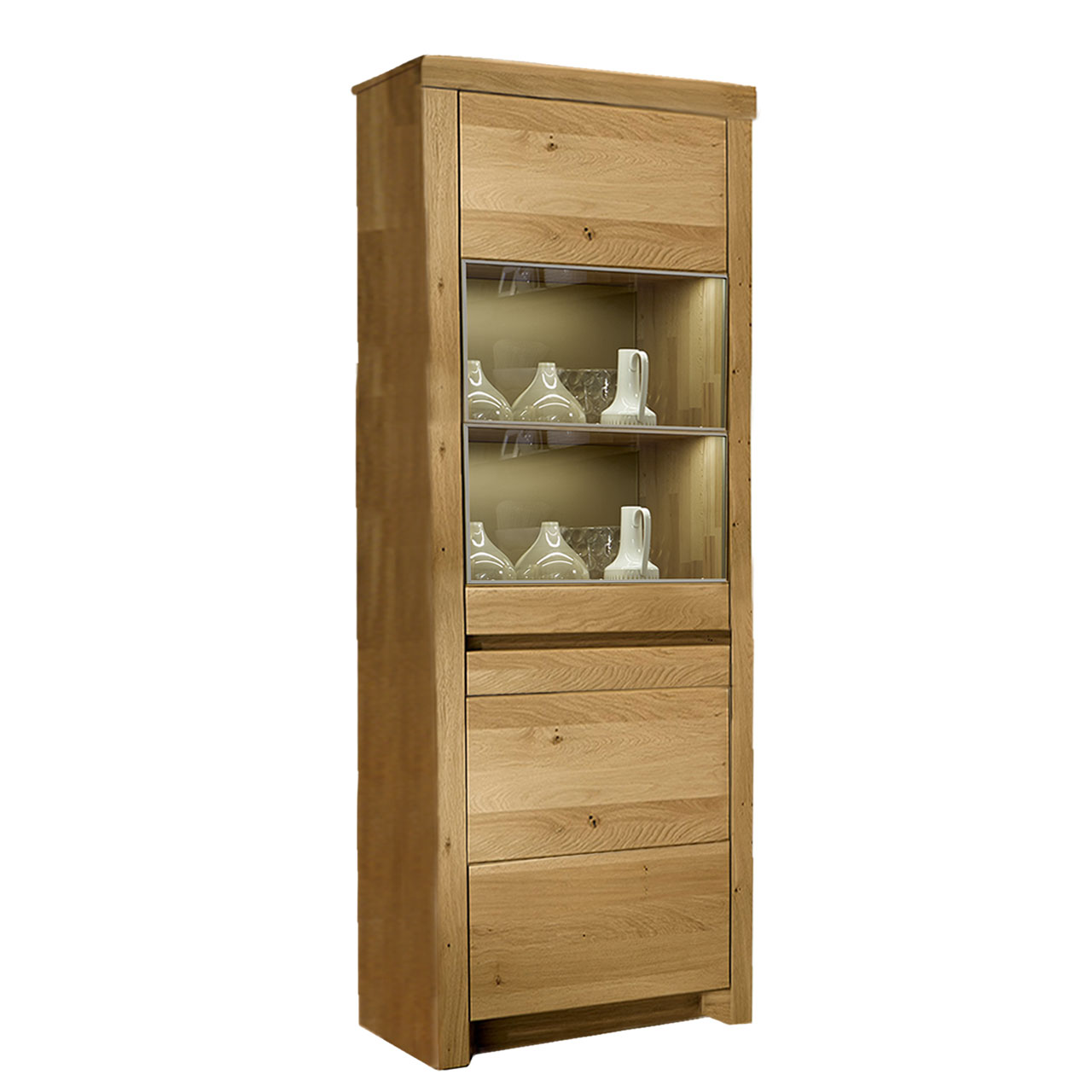 Soleo-3000-Zeilenschrank-57134-freigestellt-Wildeiche SOLEO 3000 Zeilenschrank Type 5713 in massiver Wildeiche, mit einer oberen Holztür mit zwei Vitrienenfächer und einer Holztür im unteren Bereich, untereinander angeordnet.