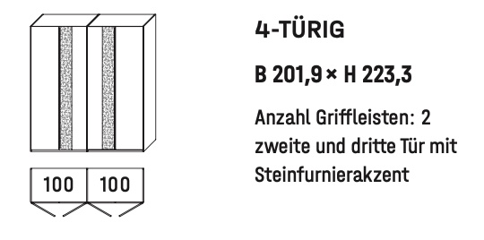 WSM 5100 4-türiger Kleiderschrank Type 6204 WSM 5100 4-türiger Kleiderschrank Zeichnung B 201,9 cm x H 223,3 cm mit Steinfurnier Akzent