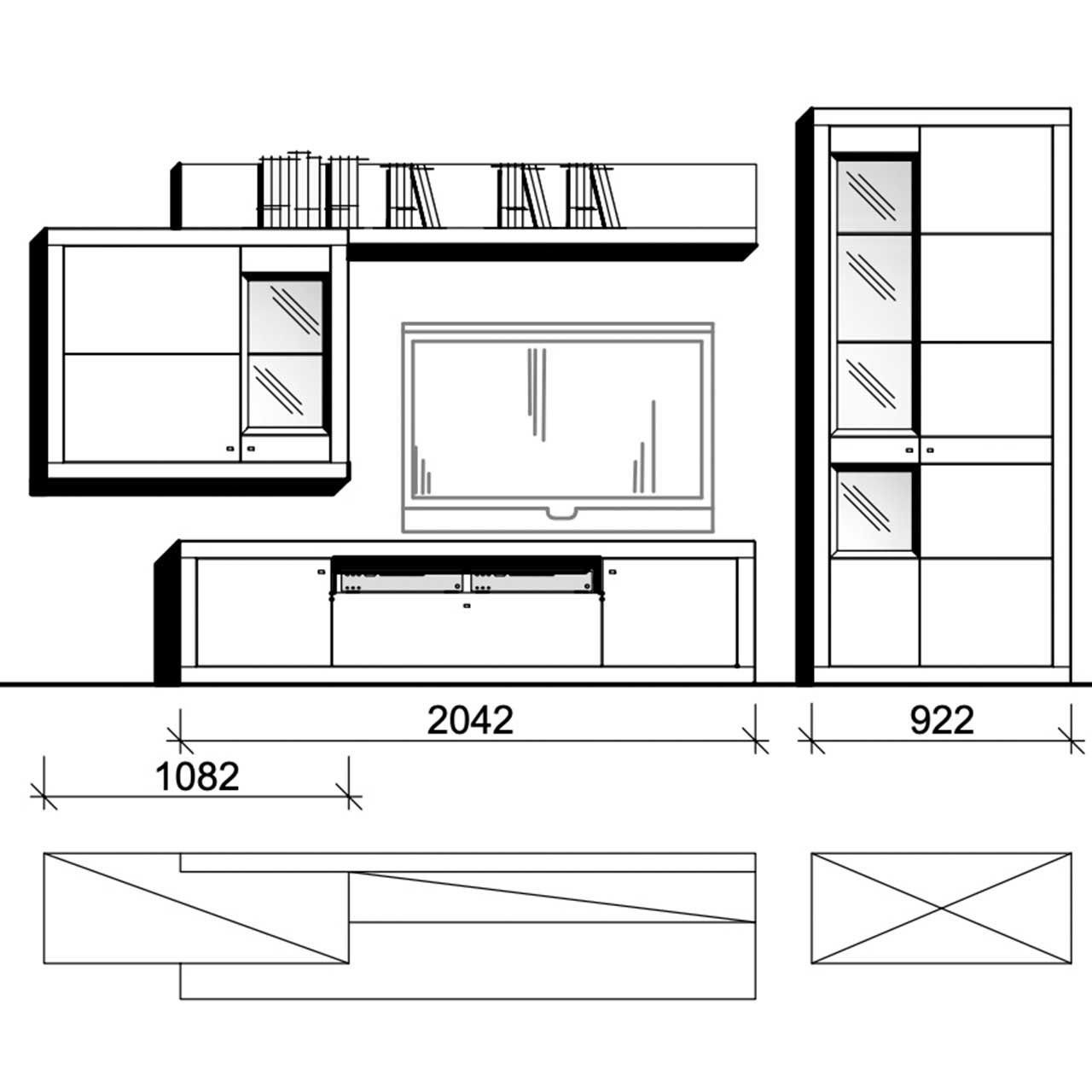WM Aurum Wohnwand Type 0103 in Wildeiche, bestehend aus eine Zeilenschrank, Lowboard und Hängeelement, Technische Zeichnung.