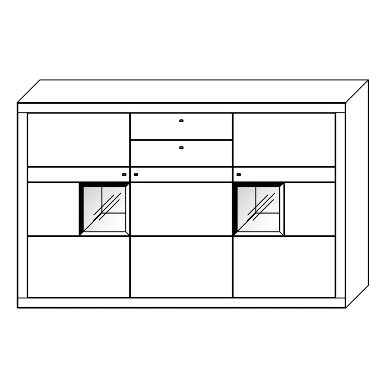 WM-aurum-higboard-3040-mass WM Aurum Higboard Type 3040 in Wildeiche und zwei kleinen Vitrinen rechts und links, Technische Zeichnung.