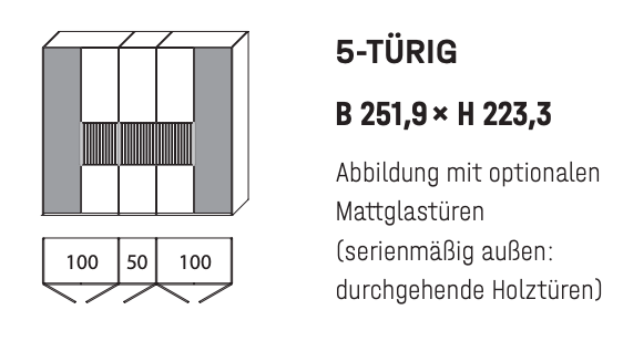 WSM 4400 5-türig Kleiderschrank mit Glas und Lamellen Akzent B 251,9 x H 223,3 cm