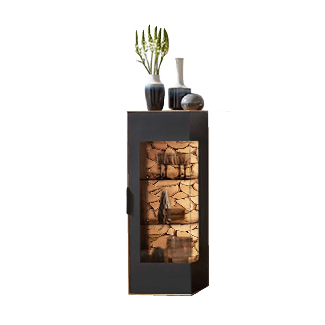 WM-2140-Highboard-4444 WM 2140 - Highboard Type 4444, schmales Element als Vitrine im Vitrinen Bereich schwarz lackiert, Vitrinen Ausschnitt mit Spaltholz Akzent in der Rückwand.