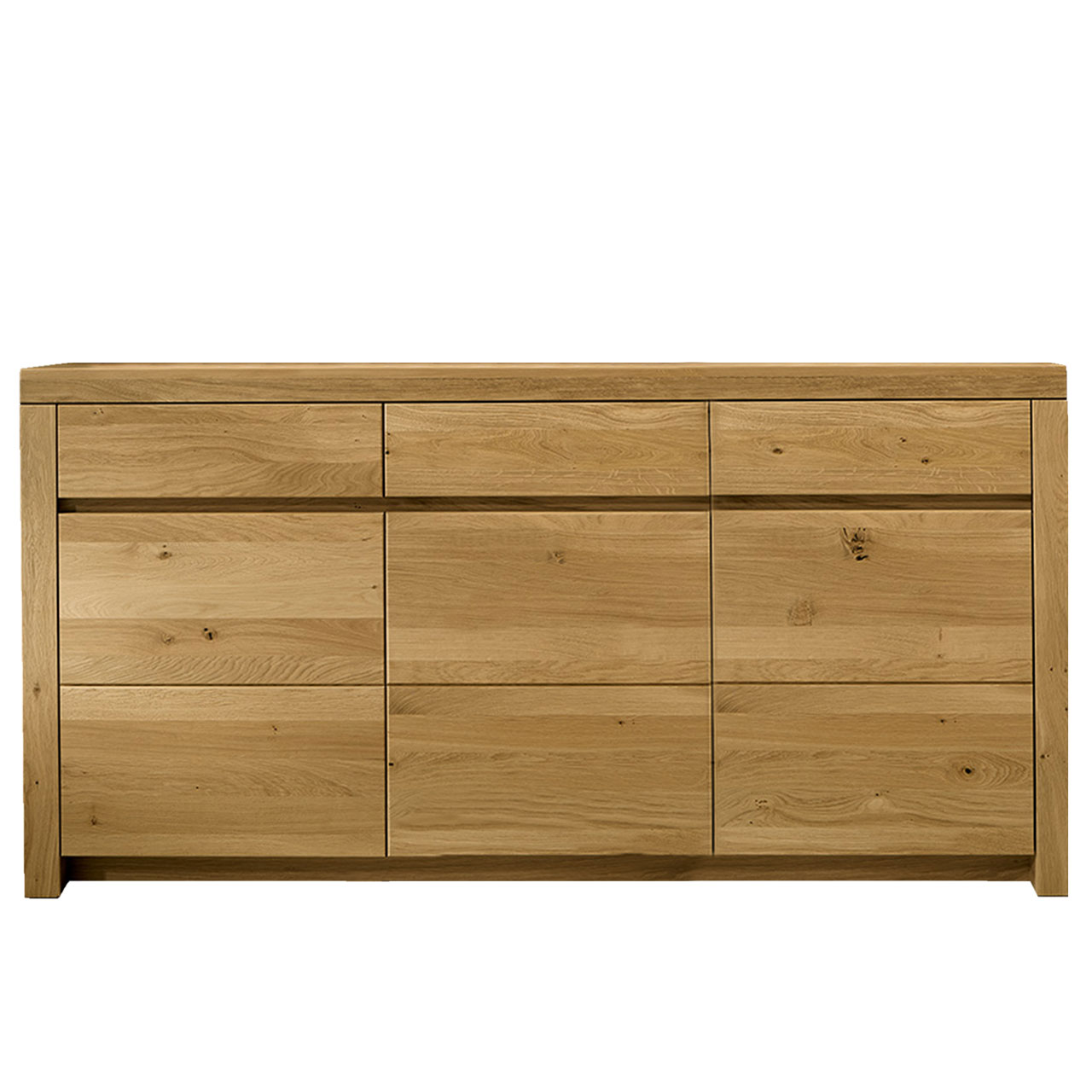Sideboard in massiver Wildeiche Type 2950 mit drei Schubkästen und drei Türen, hinter Tür sind 3 Holzböden inklusive.