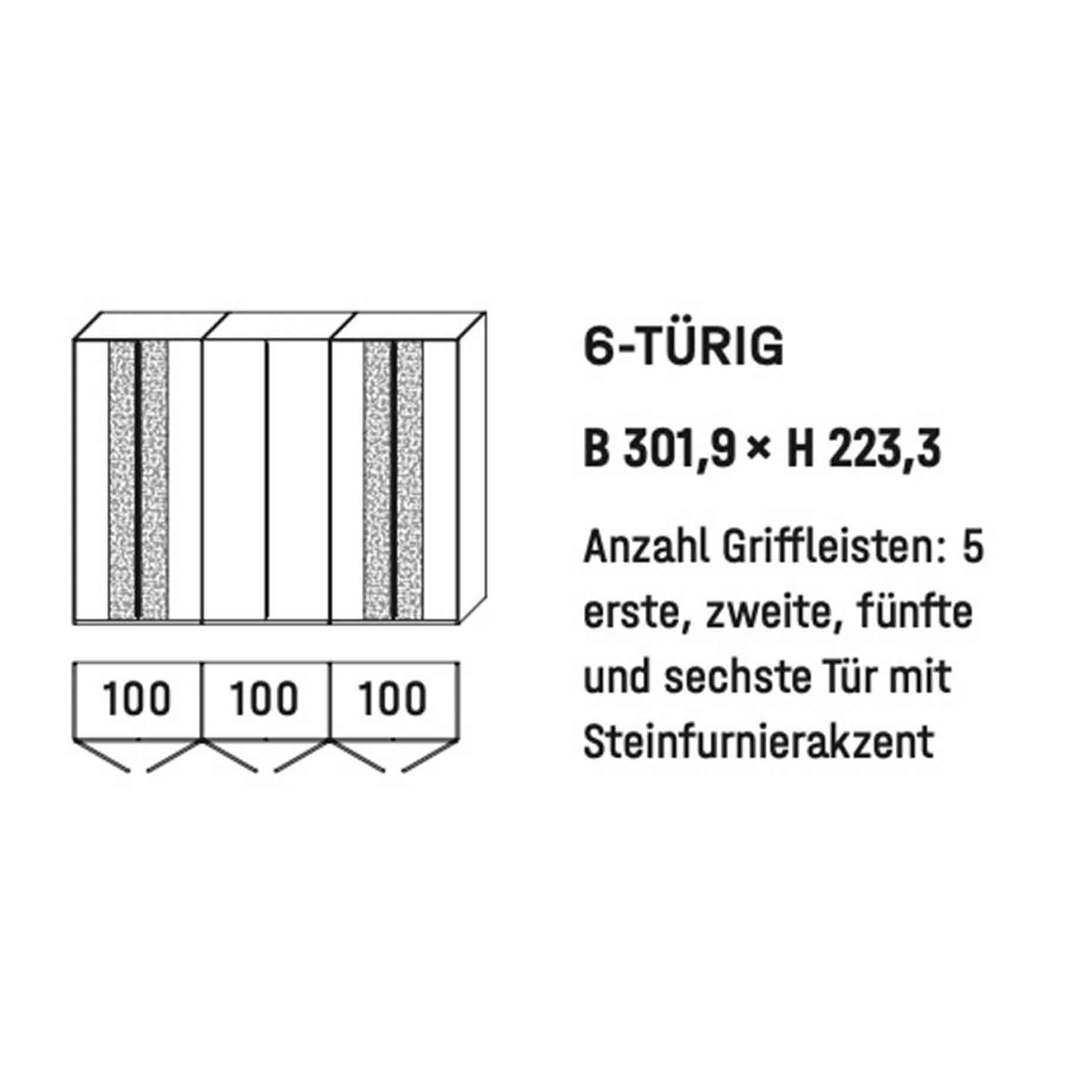 WSM 5100 6-türiger Kleiderschrank Type 6306 WSM 5100 6-türiger Kleiderschrank Zeichnung B 301,9 cm x H 223,3 cm mit doppelten Steinfurnier Akzent