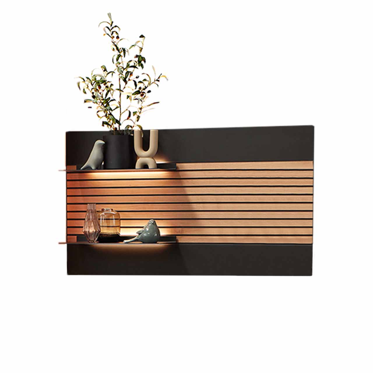 WM2320-Paneel-8224-Erle-Mattglas WM 2320 Paneel Wandboard 8224 in Erle, mit Lamellen, schwarzer Mattglas Akzent- und zwei Ablagen.