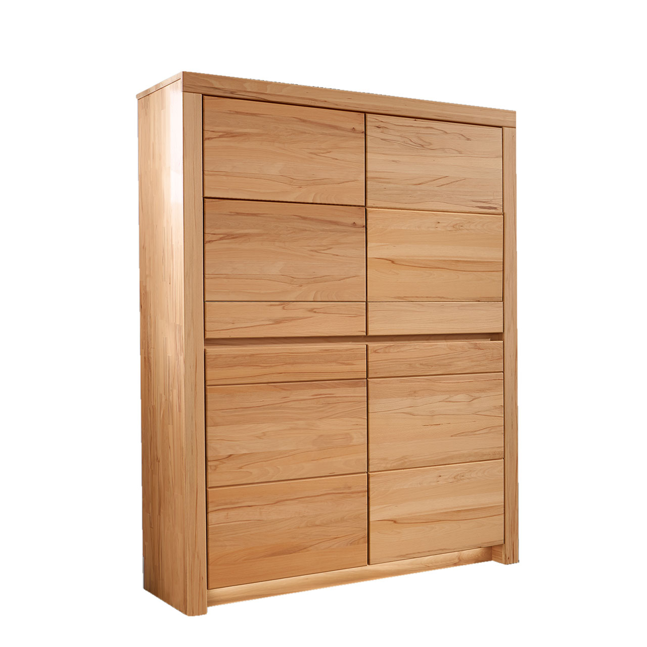 Soleo-3000-Zeilenschrank-4950-freigestellt-Kernbuche SOLEO 3000 Zeilenschrank Type 4950 in massiver Kernbuche, mit zwei unteren Holztüren und zwei oberen Türen. Hinter den Türen sind 6 Einlegeböden inklusive.
