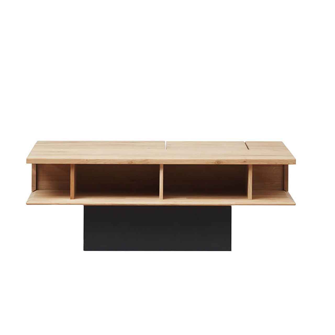 WM 2250 - Säulencouchtisch WM 2250 - Säulencouchtisch, Säule in Schwarz und als Tisch in rechteckiger Form in Wildeiche, mit extravaganten Highlights, wie eine Medienklappe, versteckter Schublade. Nahaufnahme von hinten.
