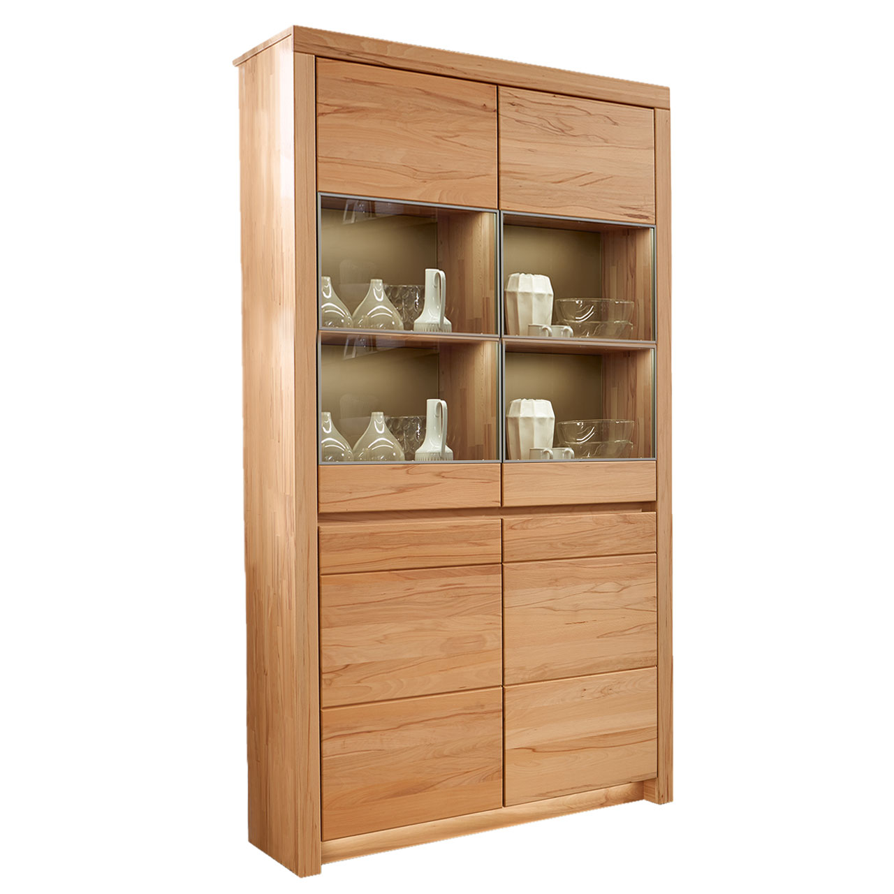 Soleo-3000-Zeilenschrank-5940-freigestellt-Kernbuche SOLEO 3000 Zeilenschrank Type 5940 in massiver Kernbuche, mit zwei unteren Holztüren und zwei oberen Türen mit vier Vitrienenfächer. Hinter den Türen sind 3 Holzböden und 1 Glasboden inklusive.