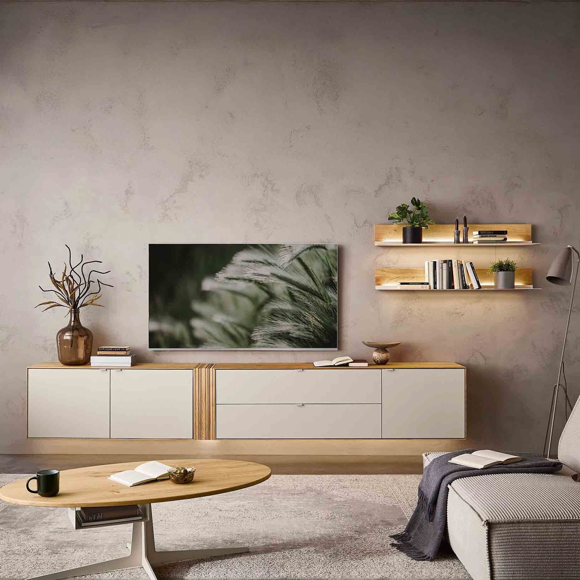 WM 2610 Wohnwand 0001 bestehend aus zwei Hängelowboards und zwei Wandregale