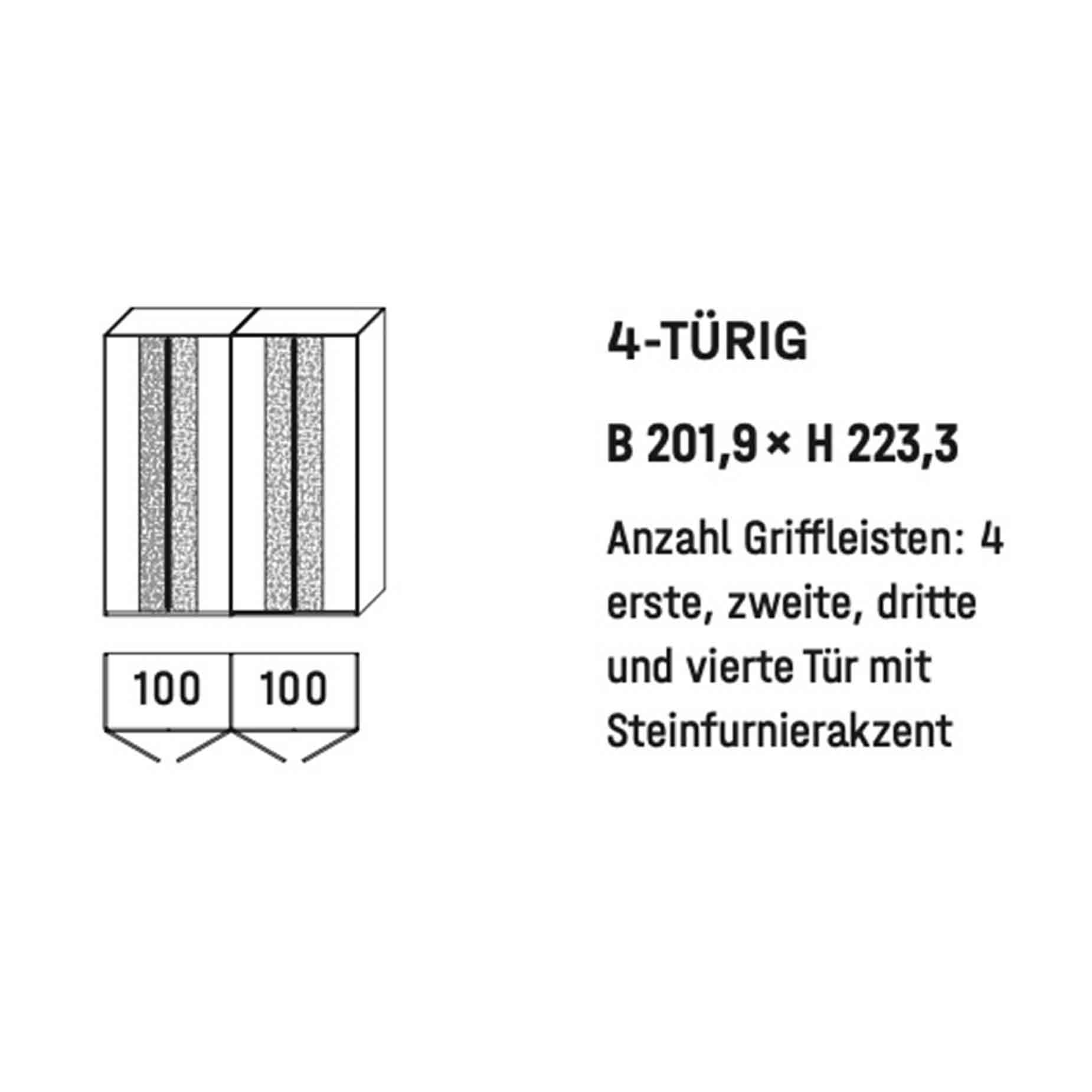 WSM 5100 4-türiger Kleiderschrank Type 6304 WSM 5100 4-türiger Kleiderschrank Zeichnung B 201,9 cm x H 223,3 cm mit doppelten Steinfurnier Akzent