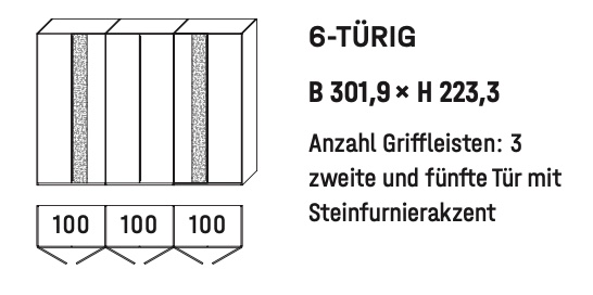 WSM 5100 6-türiger Kleiderschrank Type 6206 WSM 5100 6-türiger Kleiderschrank Zeichnung B 301,9 cm x H 223,3 cm mit Steinfurnier Akzent