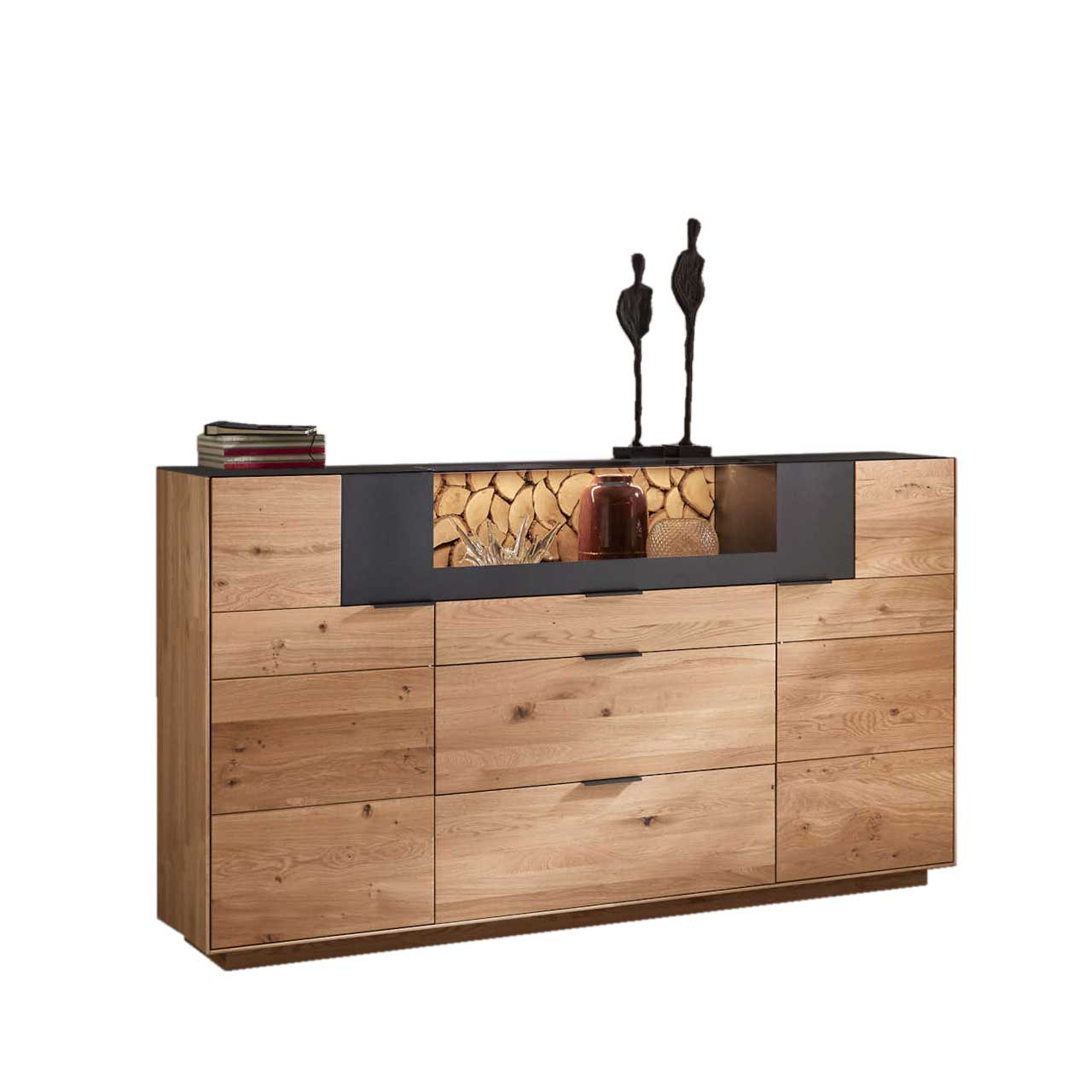 WM-2140-Highboard-3040-FREISTELLER WM 2140 - Highboard-3040 mit eindrucksvollen Vitrinen Ausschnitt, mittig im oberen Bereich nach oben zu öffnen,Rückwand in Spaltholz Akzent und LED Beleuchtung.