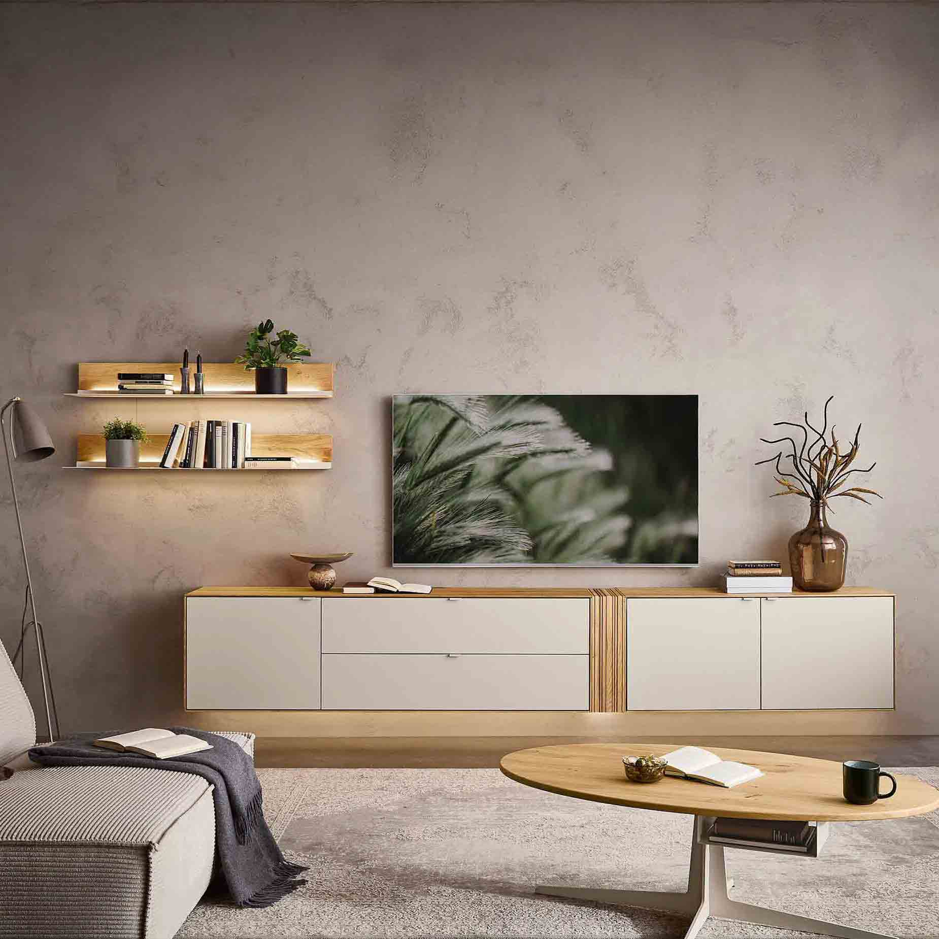 WM 2610 Wohnwand 0101 bestehend aus zwei Hängelowboards und zwei Wandregale