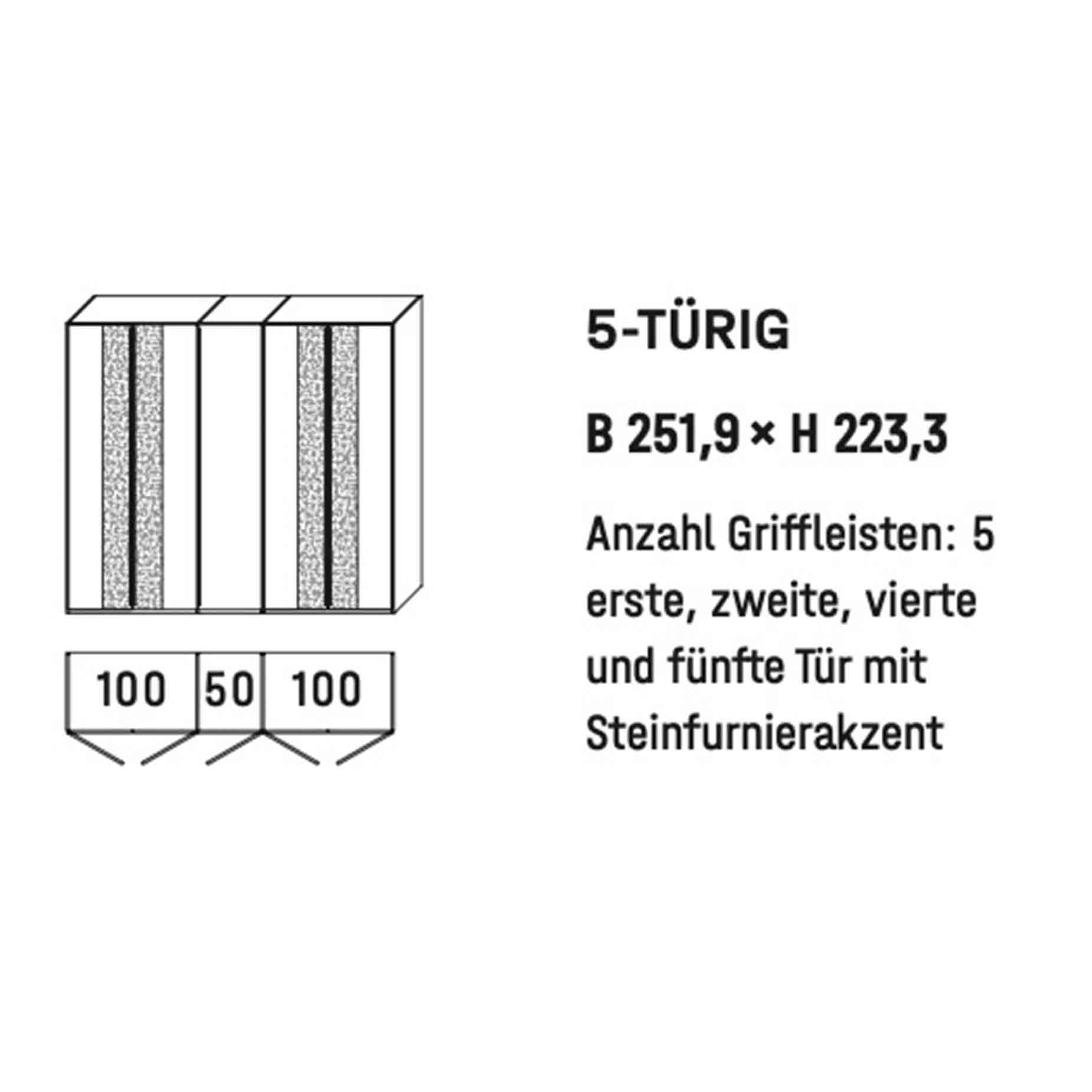WSM 5100 5-türiger Kleiderschrank Type 6305 WSM 5100 5-türiger Kleiderschrank Zeichnung B 251,9 cm x H 223,3 cm mit doppelten Steinfurnier Akzent