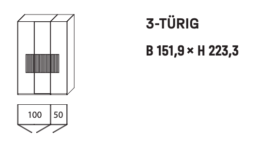 WSM 4400 3-türig Kleiderschrank mit Lamellen Akzent B 151,9 x H 223,3 cm