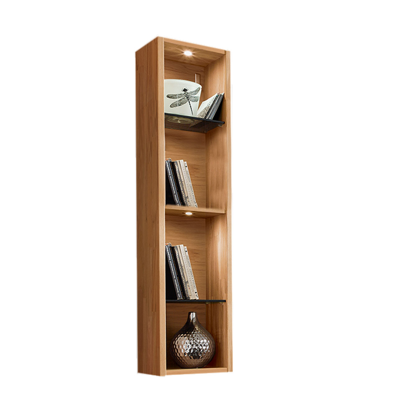 Soleo 3000 HÄNGEREGAL Type 3332 KERNBUCHE SOLEO 3000 schmales Hängeregal Type 3332 mit vier Ablagen in Kernbuche, optional mit kleinen Holzschubkästen und eine LED Ambiente Beleuchtung.