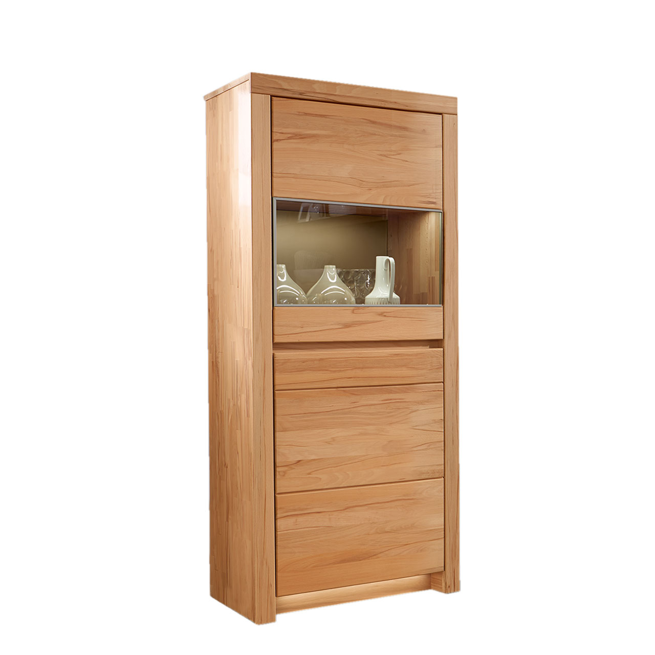 Soleo-3000-Zeilenschrank-47134-freigestellt-Kernbuche SOLEO 3000 schmaler Zeilenschrank Type 4713 in massiver Kernbuch, mit zwei Holztüren, die oberen Tür ist mit Vitrinenfach, es sind 3 Einlegeböden inklusive.