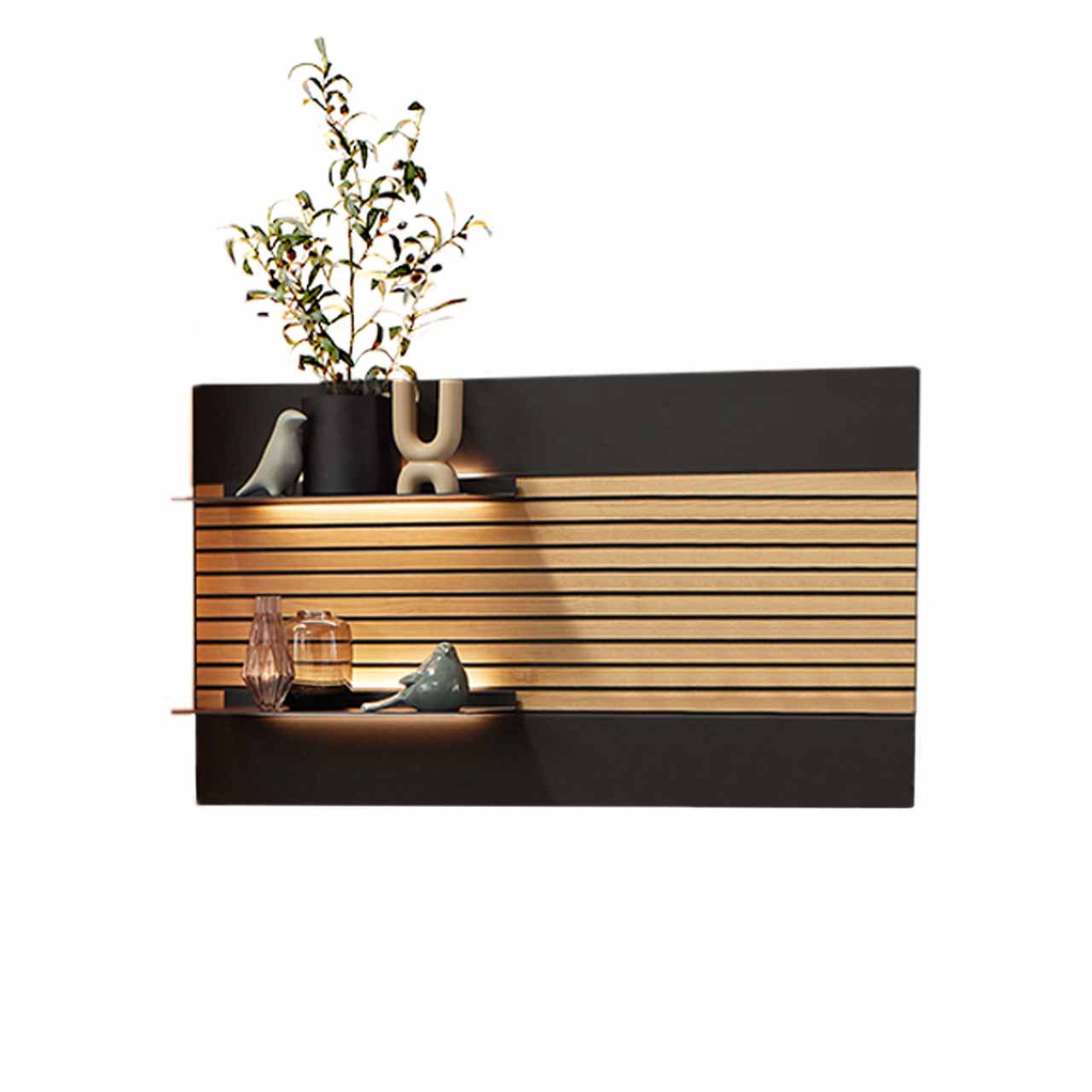 WM2320-Paneel-8224-Wildeiche-Mattglas WM 2320 Paneel Wandboard 8224 in Wildeiche, mit Lamellen, schwarzer Mattglas Akzent und zwei Ablagen.