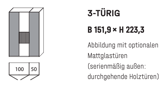 WSM 4400 3-türig Kleiderschrank mit Glas und Lamellen Akzent B 151,9 x H 223,3 cm