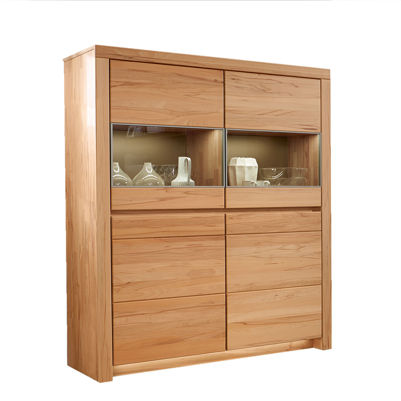 Soleo-3000-Zeilenschrank-4340-freigestellt-Kernbuche SOLEO 3000 Zeilenschrank Type 4340 in massiver Kernbuche, mit zwei unteren Holztüren und zwei oberen Türen mit Vitrinenfach nebeneinander angeordnet