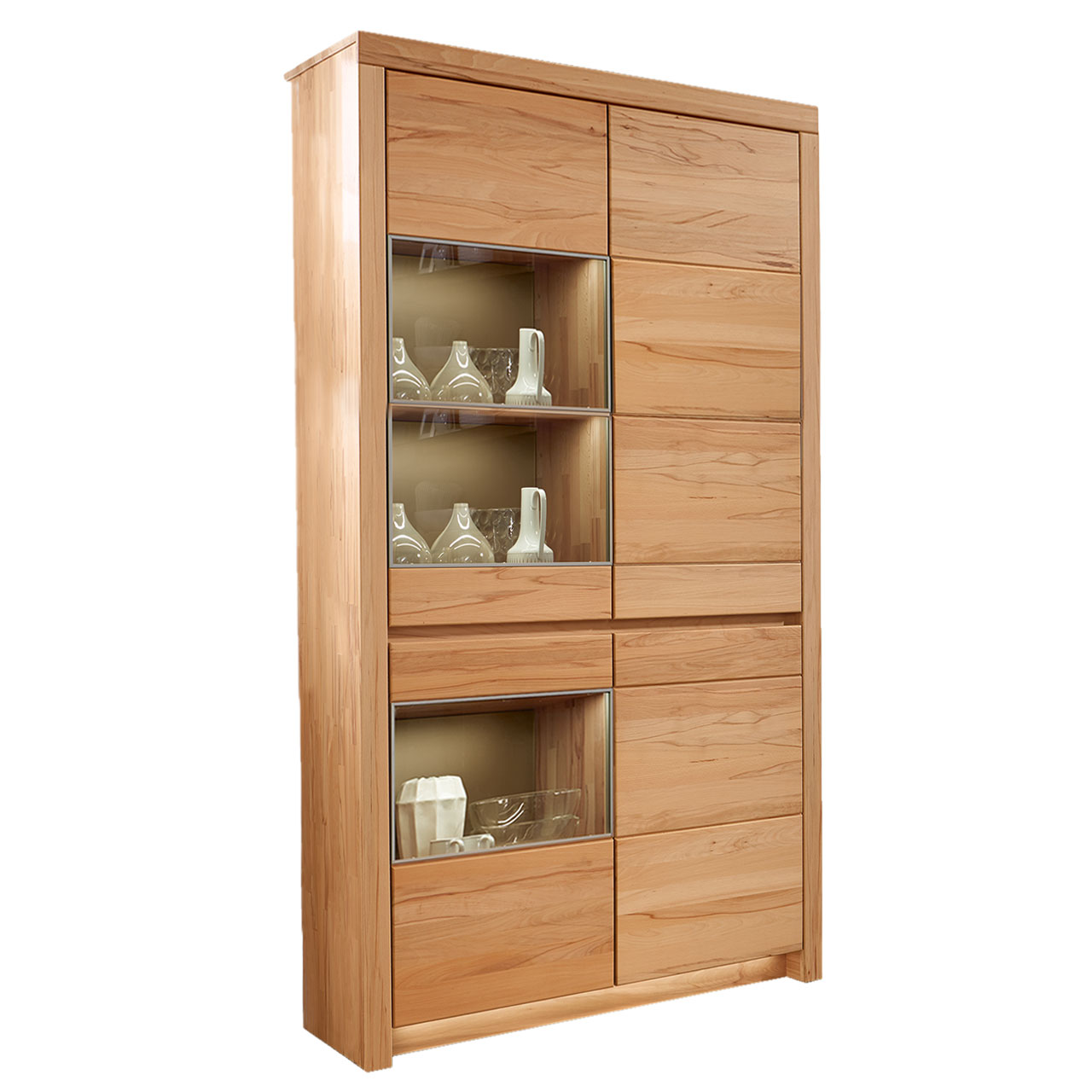 Soleo-3000-Zeilenschrank-5903-freigestellt-Kerneiche SOLEO 3000 Zeilenschrank Type 5903 in massiver Kernbuche, mit zwei Holztüren und zwei Türen mit drei Vitrinenfächer untereinander angeordnet.