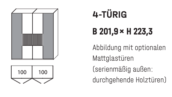 WSM 4400 4-türig Kleiderschrank mit Glas und Lamellen Akzent B 201,9 x H 223,3 cm