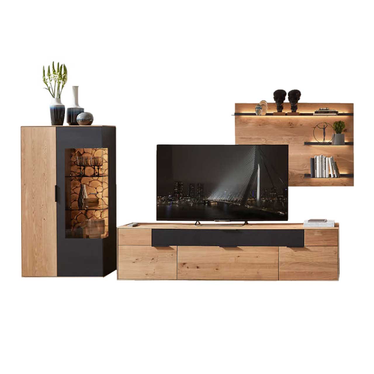 WM-2140-Kombi-0006-freisteller WM 2140 - 3-teilige Wohnwand Type 0006 Wildeiche und Kaminholz Akzent, bestehend aus einem Lowboard, einem Highboard und ein Wandpaneel.