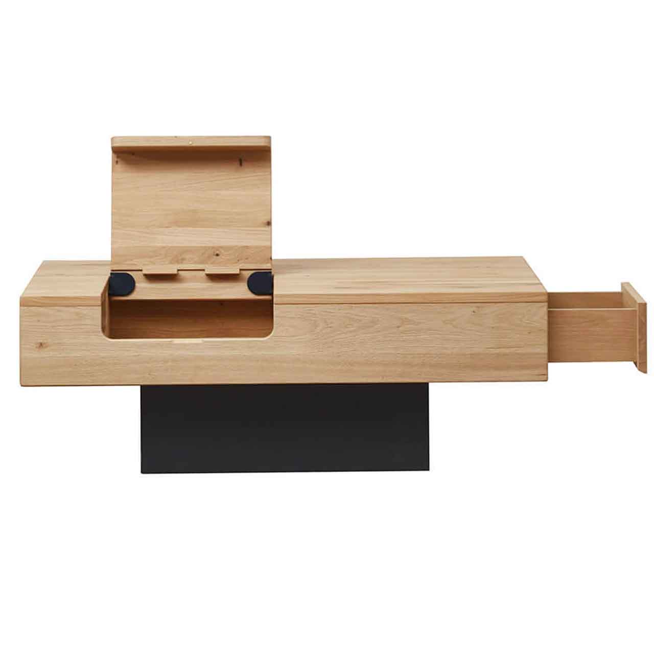 WM 2250 - Säulencouchtisch WM 2250 - Säulencouchtisch, Säule in Schwarz und als Tisch in rechteckiger Form in Wildeiche, mit extravaganten Highlights, wie eine Medienklappe, versteckter Schublade. Mit offenen Schubkästen.