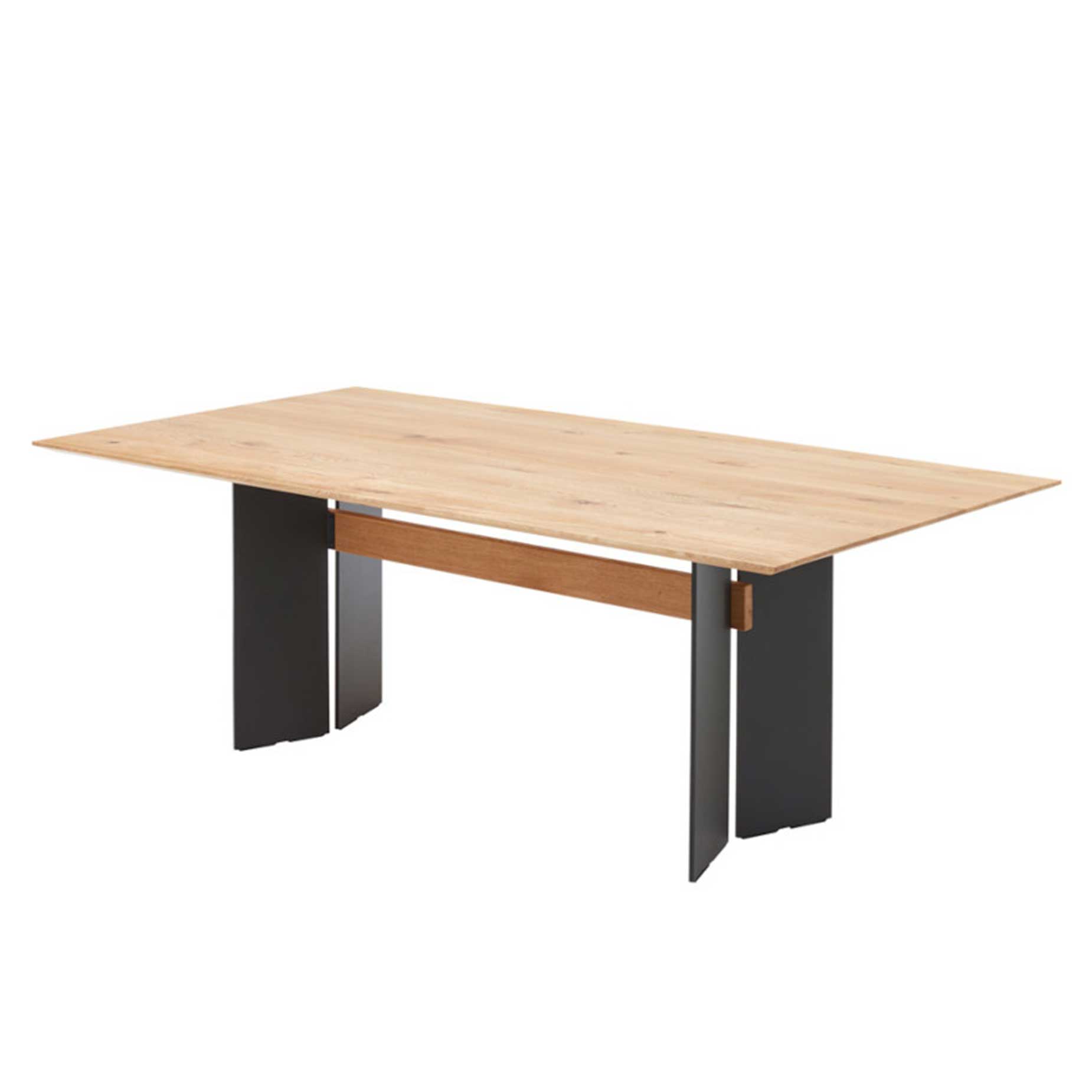 Wangenesstisch 453  Wangenesstisch 453 mit Metallwangen in carbon farbig und einer Wildeiche Esstischplatte.