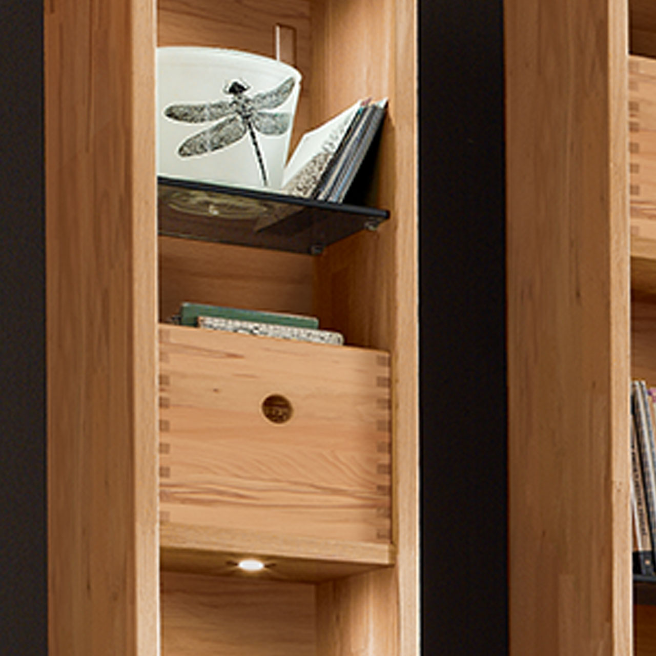 Soleo 3000 HÄNGEREGAL Type 3332 Detailaufnahme KERNBUCHE SOLEO 3000 schmales Hängeregal Type 3332 mit vier Ablagen in Kernbuche, optional mit kleinen Holzschubkästen und eine LED Ambiente Beleuchtung. In einer Detailaufnahme.